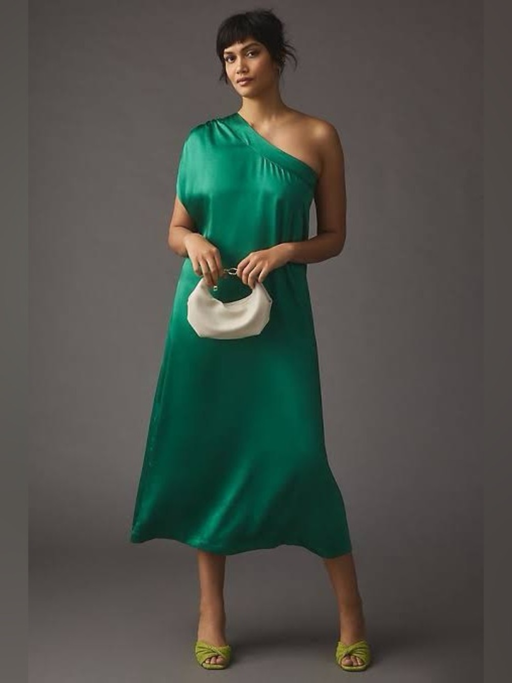 Anthropologie Porridge green satin one-shoulder dress